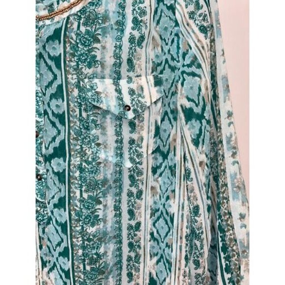 Nine West Women's Boho-Inspired Turquoise & White Striped Top‎ Medium - Picture 3 of 10